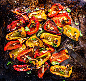 Roasted peppers with garlic and basil on an oven tray (top view)