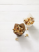 Coconut popcorn drizzled with chocolate