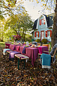 A festively laid table in an autumnal garden
