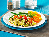 Caprese scrambled eggs with peppers and green beans