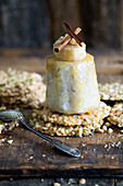 Banana ice cream with cinnamon and honey served with oat biscuits
