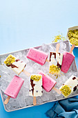 Joghurt-Eis-Pops, mit gemischten Beeren und Schokolade-Pistazie