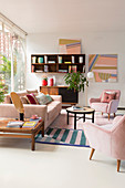 Artworks made from washi tape in living room in pastel shades