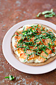 Low-carb tarte flambée with kimchi and water spinach
