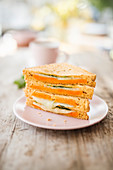 A grilled cheese sandwich with sweet potatoes, spinach and Manchego cheese for brunch