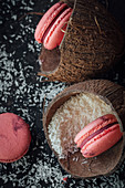 Raspberry macaroons with grated coconut
