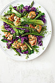 Salat mit Lachs, Pak Choi, grünem Spargel und Rotkohl
