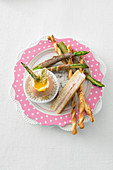 Soft-boiled egg with asparagus and ham and cheese toast