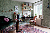 Granny-chic living room with desk next to window