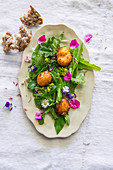 Herb and flower salad with deep-fried quark balls