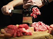 Beef being minced