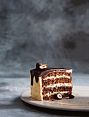 A slice of nut nougat cake with chocolate covered hazelnuts
