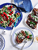 Orzo, Tomato, Olive and Lemon Salad , Barbecued Lamb with Fetta