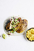 Grilled jalapeno and lime chicken with corn puree