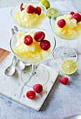 Lemon granita with fresh raspberries in cocktail glasses on a marble platter