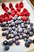 Blueberries and raspberries on puff pastry