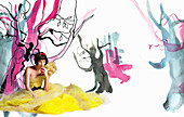 Fairy tale: A young woman wearing a long, yellow tulle dress with red apple (Snow White)