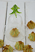 Pistachio and coconut macaroons with one under a glass cloche