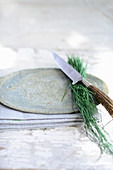 Wilder Schnittlauch auf Steinteller mit Messer
