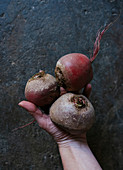 A hand holding three fresh beetroots (top view)