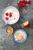 Apple quark with a nut topping, and fruity coconut-quark cream