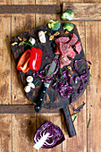 Broccoli, peppers, nuts, red cabbage and diced beef (seen from above)