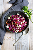 Red cabbage salad with feta cheese and pomegranate seeds (low GL)