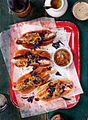 Hot dogs with red cabbage and caramelized onions