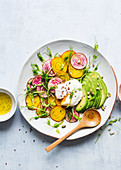 Vegetable salad with avocado and eggs Benedict