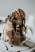 Chocolate ice cream with chocolate sauce and nuts