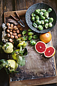 Walnuts, pink grapefruits, quinces and Brussels sprouts