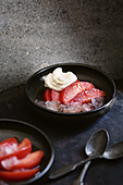 Poached quince with elderflower granita and whipped white chocolate