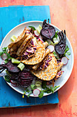 Lowfat chicken sasages in flat bread with rebcabbage slaw
