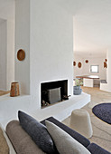Fireplace in white lounge