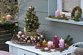 Weihnachts-Arrangement mit Zuckerhutfichte und Christbaumkugeln