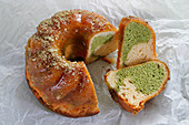 A gugelhupf with matcha, sliced