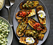 Grilled aubergines with cucumber salad