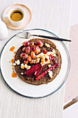 Buckwheat pancakes with roasted rhubarb and grapes