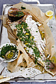 Whole baked snapper with fennel, thyme and salsa verde