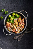 Pasta with pink oyster mushroom, pistachios and brussels sprouts