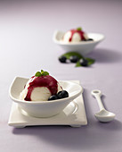 Yoghurt ice cream with blueberry sauce in a small bowl