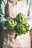 Female farmer wearing pastel linen apron and shirt holding fresh artichokes in her hands