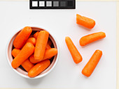 Baby-Karotten im Schälchen und auf weißem Untergrund (Aufsicht)
