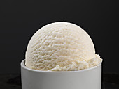 A scoop of vanilla frozen yogurt ice cream in a small bowl (close-up)