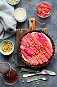 Vegan chocolate almond tart with rhubarb