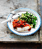 Fish fillet with tomato and olive sauce, asparagus, zucchini, and peas