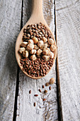 Lentils, chickpeas and flaxseed on a wooden spoon