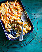 Oven-baked pasta with mushrooms and bacon