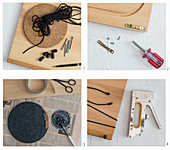 A key rack being made from a chopping board and a pinboard made from a cork coaster