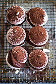 Macaroons with chocolate cream and cocoa powder